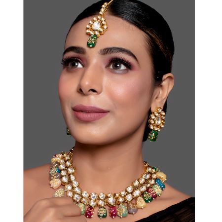 Multicolour Mirror Stone Choker Necklace Set with Handcrafted Bead Drops